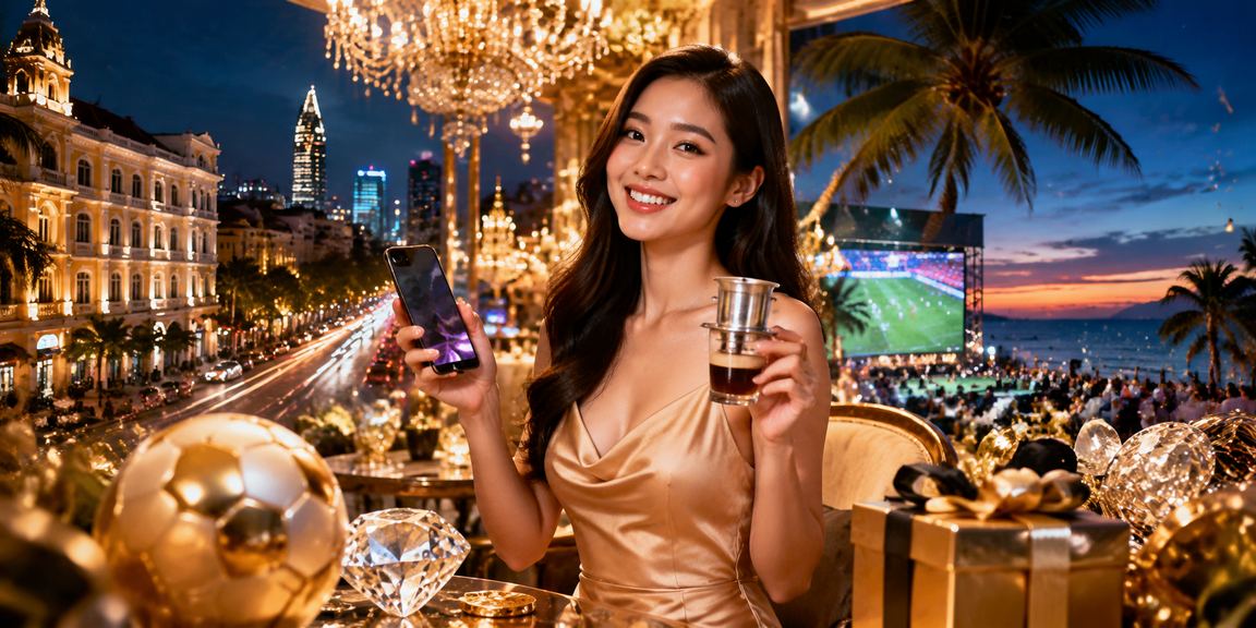 Thành viên VIP High Roller 789w thưởng thức cà phê tại TP.HCM với điện thoại trong tay